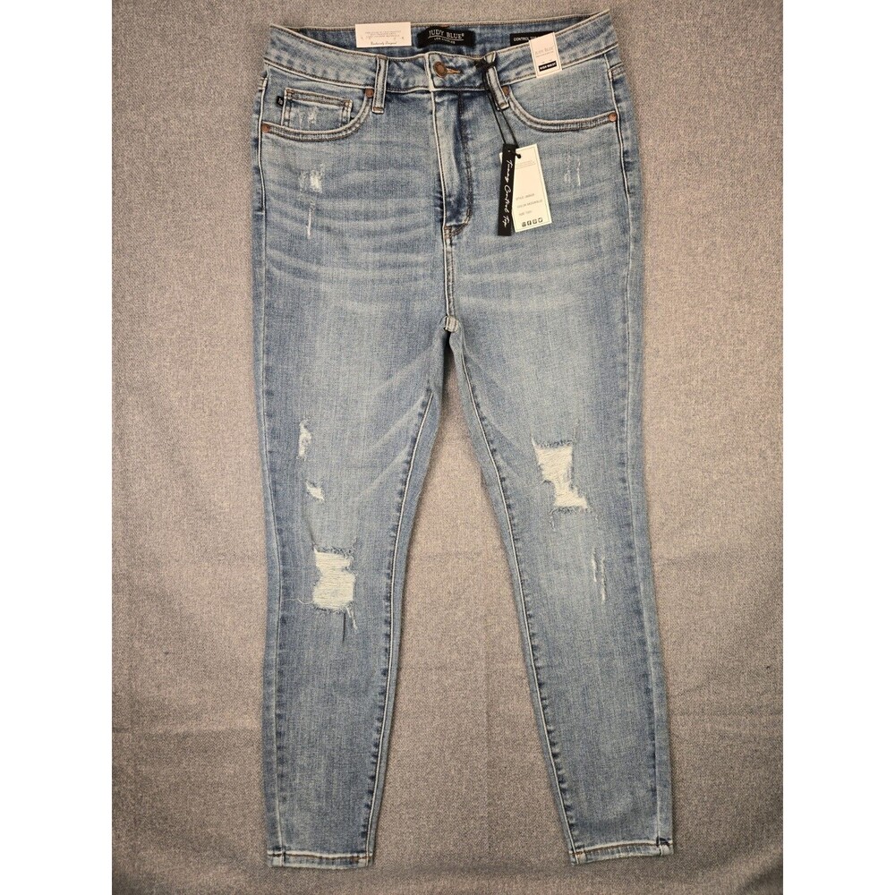 Judy Blue High Waist Control Top Skinny Jeans Medium Blue Distressed Size 13/31 - Picture 2 of 9